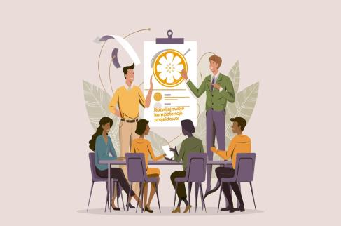  Ilustracja przedstawiająca grupę osób podczas warsztatów projektowych.