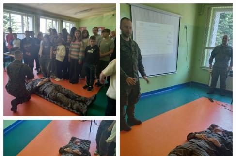 Kolaż zdjęć z zajęć w ramach trzeciej edycji programu Edukacja z wojskiem w szkole Lindowie.
