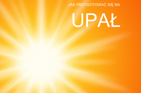 Słonce na pomaraczowym tle i napis jak przygotowac sie na upał