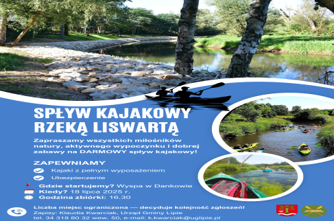 plakat zapraszający na darmowy spływ kajakowy rzeką Liswartą