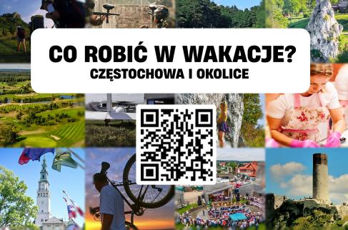 Okładka przewodnika „Co robić w wakacje? Częstochowa i okolice” wraz z kodem QR.