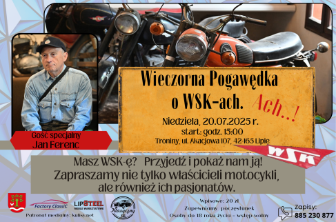 Plakat zapraszający na Wieczorną Pogawędkę o WSK-ach.