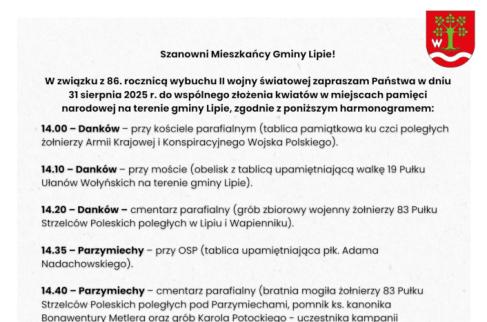 Harmonogram odwiedzin miejsc pamięci narodowej w gminie Lipie z okazji 86. Rocznicy wybuchu II wojny światowej.