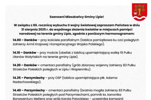 Harmonogram składania kwiatów w związku z obchodami 86 rocznicy wybuchu II wojny światowej