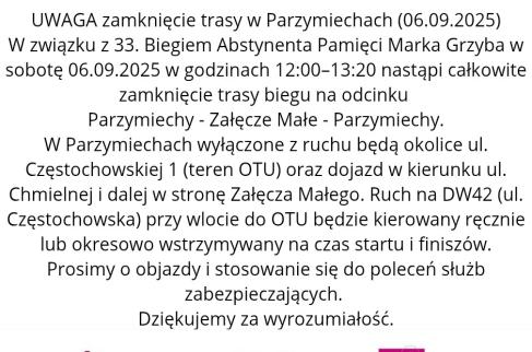 UWAGA – zamknięcie trasy w Parzymiechach (06.09.2025)