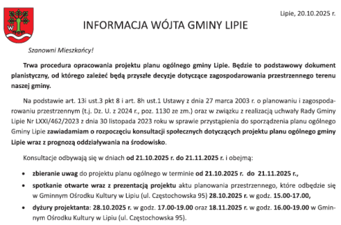 Informacja Wójta Gminy Lipie