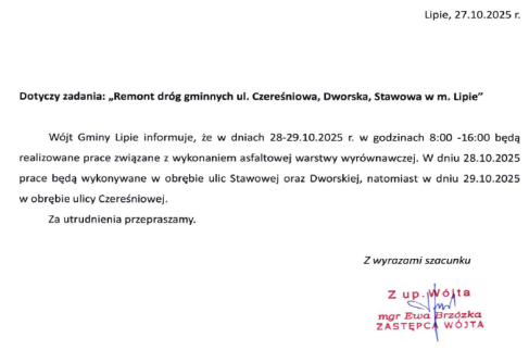 Informacja Wójta Gminy Lipie