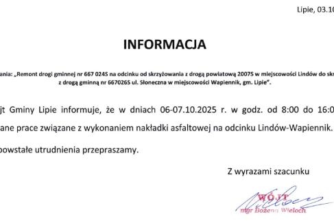 Informacja Wójta Gminy Lipie