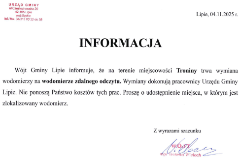 Informacja Wójta Gminy Lipie