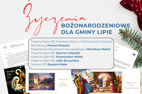 Karta z napisem życzenia bożonarodzeniowe dla Gminy Lipie i miniaturkami życzeń 