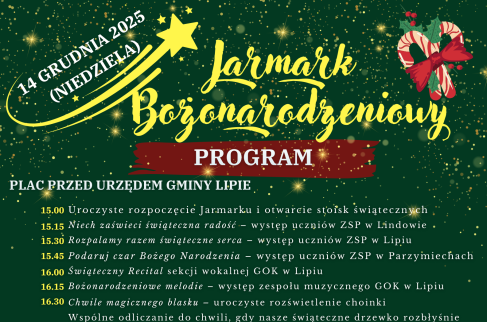 Plakat z programem Jarmarku Bożonarodzeniowego, który odbędzie się 14 grudnia 2025 roku przed Urzędem Gminy Lipie