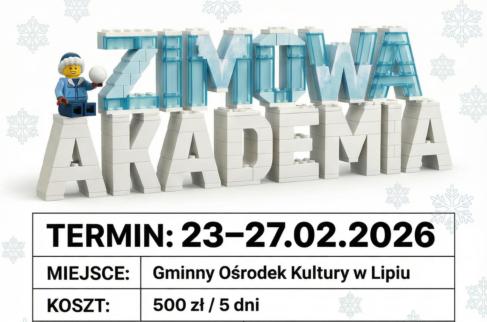 plakat zapraszający na Ferie Zimowe z Gok-iem, termin 23-27 luty, godzina 8-15.30. Na plakacie opisany jest program wydarzenia
