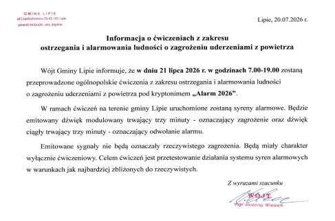 Informacja o ćwiczeniach z zakresu  ostrzegania i alarmowania ludności o zagrożeniu uderzeniami z powietrza